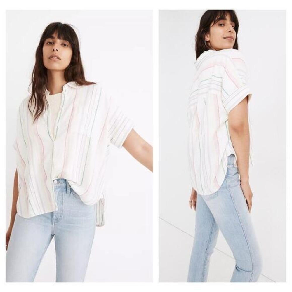EUC Madewell Linen-Blend Daily Shirt in Rainbow Stripe‎ White Small